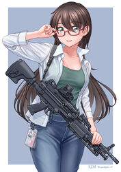  blush border breasts brown_hair collarbone commentary_request denim eotech female fn_minimi glasses green_eyes gun highres id_card jeans kzm_(sub-moa_works) light_machine_gun long_hair long_sleeves looking_at_viewer medium_breasts open_clothes open_shirt original pants reflex_sight signature simple_background smile solo weapon white_border 