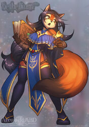  2022 abluedeer anthro bethellium black_hair black_nose book breasts canid canine clothed clothing dipstick_tail female forehead_gem fox fur gem gloves hair handwear hi_res legwear long_hair mammal markings open_mouth orange_body orange_fur solo tail tail_markings thigh_highs yellow_eyes zoana_(bethellium) 