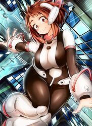  absurdres adahcm black_bodysuit blush_stickers bodysuit boku_no_hero_academia boots breasts brown_eyes brown_hair building city commentary_request curvy female floating gloves headgear highres large_breasts levitation looking_at_viewer plump short_hair sidelocks skin_tight skyscraper smile solo uraraka_ochako white_footwear white_gloves 