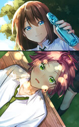  1boy anzu_(ensemble_stars!) blue_eyes blush bottle brown_hair ensemble_stars! female green_eyes highres holding holding_bottle isara_mao long_hair maturi_1310 necktie pink_hair ramune school_uniform short_hair sitting smile yumenosaki_school_uniform 