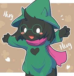  2019 4_fingers ambiguous_gender anthro black_body black_fur blush blush_stickers bovid caprine clothed clothing deltarune english_text eyewear fingers fur glasses goat hair hat headgear headwear heart_symbol horn looking_at_viewer mammal mei_(artist) open_mouth ralsei robe scarf solo standing text undertale_(series) white_eyes young young_anthro 