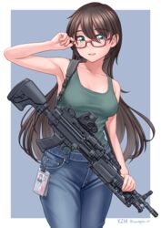  absurdres blush border breasts brown_hair collarbone contrapposto denim eotech female fn_minimi glasses green_eyes gun highres id_card jeans kzm_(sub-moa_works) light_machine_gun long_hair looking_at_viewer medium_breasts original pants reflex_sight signature simple_background smile solo tank_top weapon white_border 