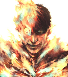  1boy absurdres agni_(fire_punch) agni_face_(meme) black_hair burning fire fire_punch flaming_eye forced_smile highres looking_at_viewer male_focus meme orange_theme rakutoooon short_hair simple_background smile solo white_background 