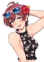  absurdres ahoge arm_behind_head bare_shoulders bikini bikini_top_only black_bikini blush breasts brown_hair collarbone commentary_request earrings eyewear_on_head female floral_print flower gridman_universe hair_flower hair_ornament highres hori_shin jewelry looking_at_viewer mature_female medium_breasts short_hair simple_background smile solo ssss.gridman sunglasses swimsuit takarada_orie upper_body yellow_eyes 