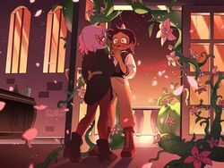  2girls after_kiss amity_blight balcony blush brown_hair couple dark-skinned_female dark_skin door embarrassed eye_contact flower highres holding_hands jacket letterman_jacket looking_at_another luz_noceda multiple_girls open_door open_mouth petals pink_flower plant purple_hair short_ponytail spoilers standing su_ggushi surprised the_owl_house vines yuri 