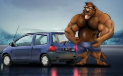  absurd_res anthro autofurrart beast_(disney) beauty_and_the_beast body_hair bottomwear brown_body car chest_hair clothing compact_car disney hi_res landscape male mammal monster mountain muscular muscular_male renault road shorts solo vehicle winter zubr 