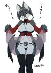  2018 5_fingers anthro armwear ass bare_shoulders biped black_body black_clothing black_ears black_eyebrows black_fur black_hair black_legwear black_nose black_panties black_thigh_highs black_underwear black_wings braided_hair braided_pigtails breasts butt_from_the_front canid canine chest_tuft cleavage clothed clothing clothing_lift countershade_face countershade_legs countershade_torso countershading detached_sleeves digital_media_(artwork) eyebrows female female_anthro fingers fur green_eyes green_pupils grey_body grey_countershading grey_fur grey_inner_ear hair hybrid japanese_text kemono legwear long_sleeves mammal medium_breasts medium_hair monotone_body monotone_clothing monotone_fur monotone_hair monotone_inner_ear monotone_legwear monotone_panties monotone_thigh_highs monotone_underwear multicolored_body multicolored_fur navel panties pink_tongue pubic_tattoo pupils simple_background smile solo standing succubus tattoo teteteko text thigh_highs tongue translucent translucent_clothing tuft two_tone_body two_tone_fur underwear white_background wings 