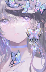  blue_nails blush bug butterfly butterfly_earrings butterfly_on_hand choker close-up closed_mouth collarbone colorful earrings female glint grey_hair hair_between_eyes hand_over_eye hand_up hyatsu index_finger_raised iridescent jewelry lipgloss long_bangs long_hair looking_at_viewer multicolored_hair nail_polish original ornament_focus portrait purple_choker purple_eyes purple_hair purple_theme solo star_(symbol) 