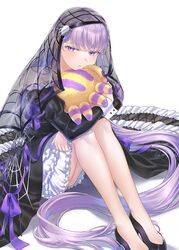  absurdly_long_hair bare_shoulders black_dress black_footwear dress female fire_emblem fire_emblem:_the_binding_blade fire_emblem_heroes frilled_dress frills high_heels highres hugging_object lolita_fashion long_hair long_sleeves looking_at_viewer official_alternate_costume puffy_sleeves purple_eyes purple_hair see-through simple_background sitting solo sophia_(fire_emblem) sophia_(halloween)_(fire_emblem) stuffed_animal stuffed_toy toe_cleavage tsukimura_(d24f4z8j3t) veil very_long_hair white_background wrist_cuffs 