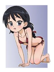  all_fours bare_shoulders barefoot bikini black_eyes black_hair blue_background blush border breasts commentary female girls_und_panzer hair_ribbon halterneck kubota_rin long_hair looking_at_viewer low-tied_long_hair navel open_mouth outline red_bikini red_ribbon ribbon side-tie_bikini_bottom small_breasts solo spaghetti_strap swimsuit takahashi_kurage white_border white_outline 