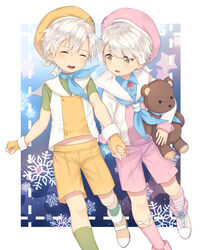  2boys brothers closed_eyes double_scoop_(food_fantasy) fingerless_gloves food_fantasy gloves hat holding holding_hands holding_stuffed_animal multiple_boys pink_eyes sailor_collar sailor_hat short_hair shorts siblings strawberry_(food_fantasy) stuffed_animal stuffed_toy teddy_bear vanilla_(food_fantasy) white_hair 