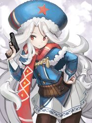  buttons capelet female fur_hat fur_trim girls&#039;_frontline gun hand_on_own_hip handgun hat highres holding holding_gun holding_weapon kesomaru long_hair long_sleeves low-tied_long_hair makarov_(girls&#039;_frontline) makarov_pm pantyhose pleated_skirt red_eyes red_scarf scarf skirt solo star_(symbol) trigger_discipline uniform weapon white_hair white_skirt 