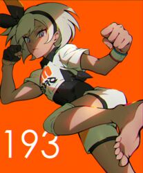  barefoot bea_(pokemon) black_bodysuit black_hairband blue_eyes bodysuit bodysuit_under_clothes clenched_hands collared_shirt commentary dark-skinned_female dark_skin dynamax_band eyelashes feet female gloves grey_hair hairband highres knee_pads looking_at_viewer mohazzing orange_background pokemon pokemon_swsh print_shirt shirt short_hair short_sleeves shorts single_glove soles solo tied_shirt toes 