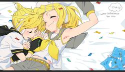  1boy arm_warmers armpits bad_id bad_twitter_id belt black_sleeves blonde_hair bow candle character_name closed_eyes collared_shirt commentary confetti female fork grey_shorts grey_sleeves hair_ornament hairbow hairclip hand_up happy_birthday headphones headset heart holding_hands kagamine_len kagamine_rin light_blush midriff napkin navel parted_lips satou_asuka school_uniform shirt short_ponytail short_sleeves shorts siblings sleeping smile spiked_hair twins vocaloid white_bow white_shirt 