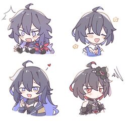  4girls :d ^^^ ahoge benghuai_xueyuan black_dress black_flower black_hair blue_dress blue_hair blush chibi closed_eyes commentary_request cropped_torso dress flower hair_between_eyes hair_flower hair_ornament heart highres honkai:_star_rail honkai_(series) honkai_impact_3rd multicolored_hair multiple_girls name_connection red_eyes red_hair seele_(alter_ego) seele_(honkai:_star_rail) seele_vollerei seele_vollerei_(stygian_nymph) seele_vollerei_(swallowtail_phantasm) short_hair si_(si_sowofei) simple_background smile two-tone_hair upper_body white_background 