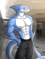  abs absurd_res alkan anthro black_bottomwear black_clothing black_pants blue_body blue_eyes bottomwear clothed clothing fish hi_res male marine multicolored_body muscular muscular_anthro muscular_male navel nipples pants pants_only pecs shark solo suit_pants teron_(alkan) topless topless_anthro topless_male two_tone_body white_body 