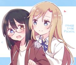  2girls black_hair blonde_hair blue_eyes blush brown_eyes clenched_hand commentary_request copyright_name flying_sweatdrops glasses hand_on_another&#039;s_shoulder heart heterochromia highres kamikoshi_sorawo long_hair medium_hair multiple_girls nishina_toriko oerba_yun_fang smile sorimachi-doufu transparent_hand upper_body urasekai_picnic 