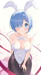  alternate_costume animal_ears arms_behind_back bare_shoulders blue_eyes blue_hair blue_nails blush bow bowtie breasts cleavage embarrassed fake_animal_ears female groin hair_ornament hair_over_one_eye hairband hairclip hand_on_own_thigh harukagi large_breasts leotard looking_at_viewer nail_polish pantyhose parted_lips playboy_bunny rabbit_ears re:zero_kara_hajimeru_isekai_seikatsu red_ribbon rem_(re:zero) ribbon short_hair sitting solo thighs white_bow white_bowtie white_hairband white_leotard x_hair_ornament 