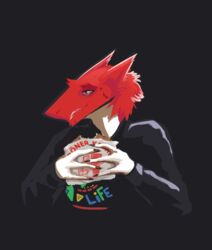  4_fingers ambiguous_gender anthro black_background black_clothing black_topwear claws clothed clothing digital_media_(artwork) digital_painting_(artwork) doner_kebab eating eating_food finger_claws fingers food fur half-length_portrait holding_food holding_object kebab multicolored_body neck_tuft portrait raptoral raptoral_(character) red_body red_fur sergal shaded simple_background solo topwear tuft two_tone_body white_body 