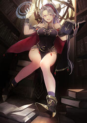  bare_legs bare_shoulders black_dress black_gloves book book_stack bookshelf boots breasts bridal_gauntlets commentary dress female fire_emblem fire_emblem:_genealogy_of_the_holy_war fire_emblem_heroes foreshortening gloves grey_hair highres holding holding_book indoors large_breasts library long_hair looking_at_viewer looking_down machi_wt official_alternate_costume open_book open_mouth pelvic_curtain ponytail purple_eyes purple_socks shelf sleeveless sleeveless_dress smile socks solo tailtiu_(fire_emblem) tailtiu_(resplendent)_(fire_emblem) teeth 