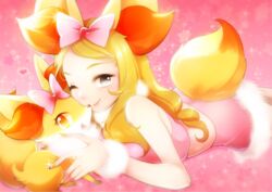  ;) blonde_hair bow closed_mouth commentary cosplay crop_top female fennekin fennekin_(cosplay) fur-trimmed_skirt fur_trim grey_eyes hairbow heart long_hair midriff miniskirt moran nail_polish one_eye_closed pink_background pink_bow pink_skirt pokemon pokemon_(anime) pokemon_(creature) pokemon_xy_(anime) serena_(pokemon) skirt smile swept_bangs yellow_nails 