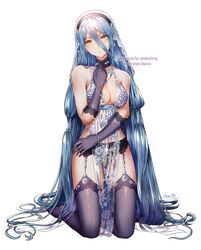  alexandrite_(gemstone) alternate_costume artist_name artoria_pendragon_(fate) artoria_pendragon_(lancer_alter)_(fate) artoria_pendragon_(lancer_alter)_(royal_icing)_(fate) artoria_pendragon_(lancer_alter)_(royal_icing)_(fate)_(cosplay) azura_(fire_emblem) babydoll bad_id bad_twitter_id bare_shoulders black_gloves blue_babydoll blue_hair bracelet breasts choker cleavage closed_mouth commentary commission cosplay english_commentary fate/grand_order fate_(series) female fire_emblem fire_emblem_fates garter_belt gloves hair_between_eyes hand_on_own_chest jewelry kneeling lace large_breasts lingerie long_hair looking_at_viewer medium_breasts necklace panties revealing_clothes see-through snowflake_print solo thighhighs underwear veil very_long_hair wani_(fadgrith) yellow_eyes 