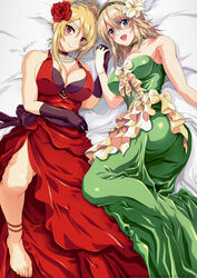  2girls angelica_rafa_redgrave bare_shoulders barefoot black_gloves blonde_hair blue_eyes blush breasts cleavage dress flower furrowed_brow gloves green_dress green_hairband hair_between_eyes hair_bun hair_flower hair_ornament hairband highres holding_hands jewelry large_breasts looking_at_viewer multiple_girls necklace nolia olivia_(mobseka) open_mouth otome_gee_sekai_wa_mob_ni_kibishii_sekai_desu pearl_necklace red_dress red_eyes rose short_hair_with_long_locks single_hair_bun smile yellow_gloves 