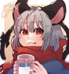  :q animal_ears black_bow bow capelet commentary_request cup drinking_glass female grey_hair highres holding holding_cup looking_at_viewer milk milk_mustache mouse_ears mouse_tail nazrin one-hour_drawing_challenge prat_rat red_eyes red_scarf scarf scarf_bow short_hair signature solo tail tail_bow tail_ornament tongue tongue_out touhou upper_body yellow_background 