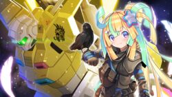  absurdres amakawa_hano animal_on_arm apex_legends aqua_hair bettle_(b_s_a_n) bird bird_on_arm blonde_hair bloodhound_(apex_legends) bloodhound_(apex_legends)_(cosplay) blue_eyes clenched_hand cosplay crow female gloves gundam gundam_build_fighters gundam_build_fighters_try hair_ornament hairclip highres long_hair long_sleeves looking_at_viewer mecha multicolored_hair pouch powered_gm_cardigan rainbow_hair_ornament re:act robot solo standing star_(symbol) star_hair_ornament two-tone_hair virtual_youtuber 