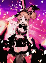  abe_nana animal_ears bad_id bad_pixiv_id bare_shoulders black_bow black_bowtie black_gloves blush bow bowtie breasts brown_eyes brown_hair butterfly_hair_ornament chungu cleavage commentary confetti cowboy_shot crop_top detached_collar fake_animal_ears female fox_shadow_puppet gloves hair_ornament hairband heart idolmaster idolmaster_cinderella_girls idolmaster_cinderella_girls_starlight_stage lace lace-trimmed_legwear lace_trim large_breasts miniskirt navel open_mouth pencil_skirt ponytail rabbit_ears skirt smile solo sweat symbol-only_commentary thighhighs zettai_ryouiki 