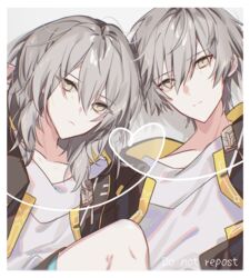  1boy :| border brown_jacket caelus_(honkai:_star_rail) closed_mouth collarbone expressionless female grey_eyes grey_hair grey_shirt hair_between_eyes heart heart_of_string highres honkai:_star_rail honkai_(series) hood hood_down jacket karamaru626 knee_up looking_at_viewer open_clothes open_jacket shirt short_hair stelle_(honkai:_star_rail) trailblazer_(honkai:_star_rail) upper_body watermark white_border 