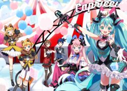  2boys 4girls animal_ears arami_o_8 asymmetrical_legwear balloon blonde_hair blue_eyes blue_hair bow bowtie brown_eyes brown_hair circus claw_pose commentary cube diamond_(shape) dress facial_tattoo frilled_dress frills fur-trimmed_jacket fur_trim gloves hair_ornament hairbow hairclip hat hatsune_miku high_heels holding holding_knife holding_wand holding_whip jacket kagamine_len kagamine_rin kaito_(vocaloid) kneehighs knife leaning_forward lion_ears lion_tail long_hair looking_at_viewer magical_mirai_(vocaloid) magical_mirai_kaito magical_mirai_kaito_(2019) magical_mirai_len magical_mirai_len_(2019) magical_mirai_luka magical_mirai_luka_(2019) magical_mirai_meiko magical_mirai_meiko_(2019) magical_mirai_miku magical_mirai_miku_(2019) magical_mirai_rin magical_mirai_rin_(2019) megurine_luka meiko_(vocaloid) microphone microphone_wand mini_hat mini_top_hat mismatched_legwear multiple_boys multiple_girls neck_ruff open_mouth outstretched_arms pantyhose pink_bow pink_hair pleated_skirt short_hair skirt skirt_hold smile socks spiked_hair standing string_of_flags striped_clothes striped_thighhighs swept_bangs tail tattoo tent thighhighs top_hat twintails vertical-striped_clothes vertical-striped_thighhighs very_long_hair vest vocaloid wand whip white_bow white_gloves white_skirt yellow_vest zettai_ryouiki 