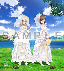  2girls bare_shoulders blue_eyes bouquet breasts bridal_veil brown_eyes brown_hair cleavage closed_mouth cloud copyright_name dress flower girls_und_panzer grass grey_hair high_heels itsumi_erika looking_at_viewer military military_vehicle motor_vehicle multiple_girls nishizumi_maho ocean official_art outdoors rose sample_watermark short_hair sky smile tank toy_tank veil water watermark wedding_dress white_dress white_footwear 