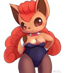  2019 anthro anthrofied black_nose blush breasts brown_body brown_fur bunny_costume clothing costume female fur generation_1_pokemon legwear looking_at_viewer mei_(artist) multi_tail navel necktie nintendo pantyhose playboy playboy_bunny pokemon pokemon_(species) pokemorph simple_background solo standing tail vulpix 