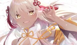  bare_shoulders blush cherry_blossoms commentary_request dark-skinned_female dark_skin detached_sleeves fate/grand_order fate_(series) female fingernails floating_hair flower hair_between_eyes hair_ornament haori highres holding holding_flower japanese_clothes kimono long_hair looking_at_viewer off_shoulder okita_souji_(fate) okita_souji_alter_(swimsuit_saber)_(fate) okita_souji_alter_(swimsuit_saber)_(second_ascension)_(fate) open_mouth pink_flower signature smile solo tassel teeth tsuyukusa_(eeta7273) twitter_username upper_body upper_teeth_only very_long_hair white_hair wide_sleeves yellow_eyes 