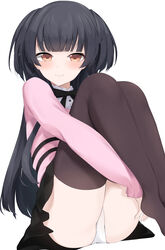  absurdres ass black_hair black_skirt black_thighhighs blunt_bangs blunt_ends blush enri_madoka female highres hugging_own_legs idolmaster idolmaster_shiny_colors jirai_kei knees_up light_smile long_hair looking_at_viewer mayuzumi_fuyuko panties pantyshot pink_shirt shirt simple_background skirt solo thighhighs underwear very_long_hair white_background white_panties 