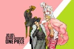  2boys abs araki_hirohiko_(style) arm_at_side arms_at_sides artist_name ascot behind_another belt black_hair black_shirt blonde_hair cigar closed_mouth coat coat_on_shoulders copyright_name covered_eyes crocodile_(one_piece) donquixote_doflamingo expressionless facing_another fur_coat fur_trim hair_slicked_back hand_up head_tilt height_difference highres holding holding_cigar hook hook_hand jojo_no_kimyou_na_bouken k164 long_sleeves looking_at_viewer male_focus multiple_boys muscular muscular_male one_piece open_clothes open_coat open_shirt pants parody pectorals shirt short_hair smile stand_(jojo) stomach style_parody sunglasses very_short_hair watermark white_shirt 