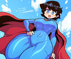  :d animification bad_source black_hair blue_bodysuit blue_eyes blue_sky blush bodysuit breasts bright_pupils cape dc_comics female floating genderswap_(mtf) hand_on_own_hip highres jaggy_lines large_breasts looking_down narrow_waist open_mouth rariatto_(ganguri) red_cape rule_63 skin_tight sky smile solo superhero_costume superman superman_(series) superwoman thick_thighs thighs white_pupils 