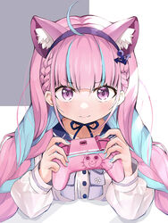  ahoge anchor_hair_ornament animal_ear_fluff animal_ears blue_bow blue_bowtie blue_choker blue_hair blue_hairband blue_nails blue_sailor_collar blunt_bangs blush bow bowtie braid cat_ears cat_girl choker controller determined female fingernails french_braid game_controller hair_ornament hairband highres holding holding_controller holding_game_controller hololive jacket kyabetsu_ningen long_hair long_sleeves looking_at_viewer minato_aqua minato_aqua_(sailor) multicolored_hair nail_polish official_alternate_costume open_clothes open_jacket purple_eyes purple_hair ribbon_choker sailor_collar sailor_shirt shirt sidelocks solo streaked_hair twin_braids twintails two-tone_hair v-shaped_eyebrows virtual_youtuber white_jacket white_shirt 