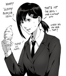  black_jacket black_necktie chainsaw_man collared_shirt confused english_text female food formal francisco_mon greyscale hair_ornament hairclip higashiyama_kobeni highres holding holding_food holding_ice_cream ice_cream jacket looking_at_viewer meme monochrome necktie open_mouth shirt short_hair short_ponytail simple_background single_sidelock sloppy_blowjob_devil_(meme) solo suit sweat white_background 