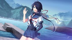  :d ahoge black_hair blue_eyes dawn female hair_over_one_eye hair_ribbon hand_in_pocket highres kako_(kancolle) kako_kai_ni_(kancolle) kantai_collection long_hair looking_at_viewer low_ponytail open_mouth pleated_skirt ponytail red_ribbon ribbon sahuyaiya school_uniform serafuku skirt smile solo 