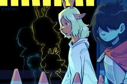  1other antlers armor artist_name black_background blue_hair blue_skin colored_skin commentary deer deltarune english_commentary female freckles jsheios kris_(deltarune) noelle_holiday outline robe short_hair standing traffic_cone white_hair younger 