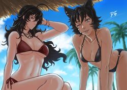  2girls absurdres ahoge animal_ears bikini black_bikini blue_sky breasts cat_ears commentary_request day drill_(emilio) highres kali_belladonna large_breasts mature_female multiple_girls o-ring o-ring_bikini one_eye_closed outdoors palm_tree panties raven_branwen red_bikini redrawn rwby side-tie_bikini_bottom sky string_bikini string_panties swimsuit tree underwear 