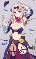  ^^^ absurdres arm_up armpits bad_id bad_pixiv_id bat_(animal) belt bikini black_bow blue_bikini blue_eyes blue_sleeves blue_thighhighs blunt_bangs blush bow bowtie breasts brown_belt cleavage closed_mouth commentary_request cosplay covered_nipples cowboy_shot crisis_management_form_(machimazo) curled_horns demon_girl demon_horns demon_tail detached_collar detached_sleeves double_v eggman_(pixiv28975023) emphasis_lines female frilled_sleeves frills fujiwara_chika garter_straps grey_background hairbow hand_up highres horns kaguya-sama_wa_kokurasetai_~tensai-tachi_no_renai_zunousen~ kohara_konomi large_breasts long_hair looking_at_viewer machikado_mazoku navel pink_hair red_bow red_bowtie revealing_clothes showgirl_skirt simple_background smile solo stomach strapless strapless_bikini swimsuit tail thighhighs v v_over_head voice_actor_connection waist_cape wide_sleeves yoshida_yuuko_(machikado_mazoku) yoshida_yuuko_(machikado_mazoku)_(cosplay) 