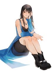  arm_warmers bike_shorts black_hair blue_arm_warmers boots breasts dress female final_fantasy final_fantasy_viii full_body gloves highres legs_together long_hair looking_at_viewer medium_breasts mmariesr open_clothes rinoa_heartilly skirt sleeveless_duster solo 