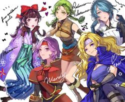  5girls armor asymmetrical_gloves belt black_gloves blonde_hair blue_eyes blue_hair blue_hakama boots bow braid brown_eyes brown_footwear brown_gloves brown_hair cape character_name copyright_name dress fingerless_gloves fire_emblem fire_emblem:_radiant_dawn fire_emblem:_the_binding_blade fire_emblem:_the_blazing_blade fire_emblem_fates floral_print gauntlets gloves gwendolyn_(fire_emblem) hair_over_one_eye hairbow hakama hakama_skirt headband heart heather_(fire_emblem) japanese_clothes kimono leather leather_boots long_hair looking_at_viewer meiji_schoolgirl_uniform minamoto_mamori multiple_girls open_mouth pants pink_eyes pink_hair pinwheel purple_kimono rebecca_(fire_emblem) red_bow setsuna_(fire_emblem) shirt short_dress short_hair shoulder_armor simple_background skirt sleeveless sleeveless_shirt tokyo_mirage_sessions_fe tsuko_(25mnts) twin_braids white_background 