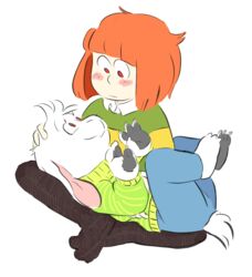  2018 4_fingers ambiguous_gender anthro asriel_dreemurr barefoot biped blush boss_monster_(undertale) bottomwear bovid bwrd caprine chara_(undertale) claws clothing crossed_legs denim denim_bottomwear denim_clothing digital_media_(artwork) duo eye_contact feet fingers fur green_clothing green_shirt green_topwear hair hand_on_head hi_res human jeans looking_at_another male mammal orange_hair pants pattern_clothing pattern_shirt pattern_topwear plantigrade red_eyes shirt short_tail simple_background sitting smile striped_clothing striped_shirt striped_topwear stripes tail tan_body tan_skin topwear undertale undertale_(series) white_background white_body white_fur 