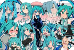  aqua_eyes aqua_hair aqua_necktie bad_id bad_twitter_id bare_shoulders belt black_legwear black_skirt black_sleeves blush closed_eyes commentary crossed_arms detached_sleeves from_side grey_shirt grin hair_ornament half-closed_eyes hand_grab hands_on_own_chest hatsune_miku headphones headset highres hugging_own_legs knees_to_chest long_hair looking_at_viewer multiple_views necktie petals pout pouty_lips pov satou_asuka shirt shoulder_tattoo sitting skirt sleeveless sleeveless_shirt smile speech_bubble surprised tattoo tears thighhighs translated twintails v-shaped_eyebrows very_long_hair vocaloid wide-eyed zettai_ryouiki 