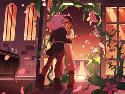  2girls amity_blight arm_around_waist balcony brown_hair closed_eyes couple dark-skinned_female dark_skin door evening flower hand_on_another&#039;s_cheek hand_on_another&#039;s_face highres holding_hands jacket kissing letterman_jacket luz_noceda multiple_girls open_door petals pink_flower plant pointy_ears purple_hair spoilers standing su_ggushi the_owl_house vines yuri 