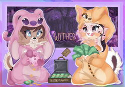  2022 angel_(lady_and_the_tramp) angel_(lilo_and_stitch) anthro art_fight banknote black_nose blue_eyes border brown_hair canid canine canis clothed clothing coin cosplay digital_drawing_(artwork) digital_media_(artwork) disney domestic_dog duo english_text eyelashes female fluffy fluffy_tail fur grey_eyes hair heart_eyes heart_symbol holding_money holding_object kigurumi lady_and_the_tramp lilo_and_stitch mammal money multicolored_hair onesie piggy_bank pink_nose pomeranian pommieprincess rainbow_border spitz suitcase sunni_(wh0repet) tail tan_body tan_fur text tongue tongue_out watermark zayla_(pommieprincess) 